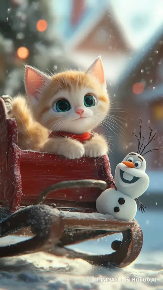 Cute Kitten and Animated Snowman Chat in Snowy Sleigh Scene – AI Generated Video | Hailuo AI