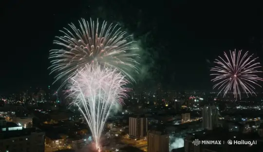 Nighttime Cityscape with Dynamic Fireworks Display – AI Generated Video | Hailuo AI