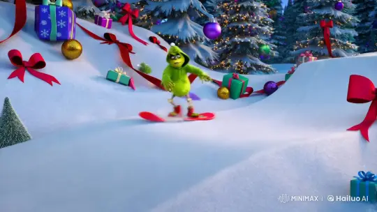 Grinch Skeleton Snowboards in Festive Winter Wonderland – AI Generated Video | Hailuo AI