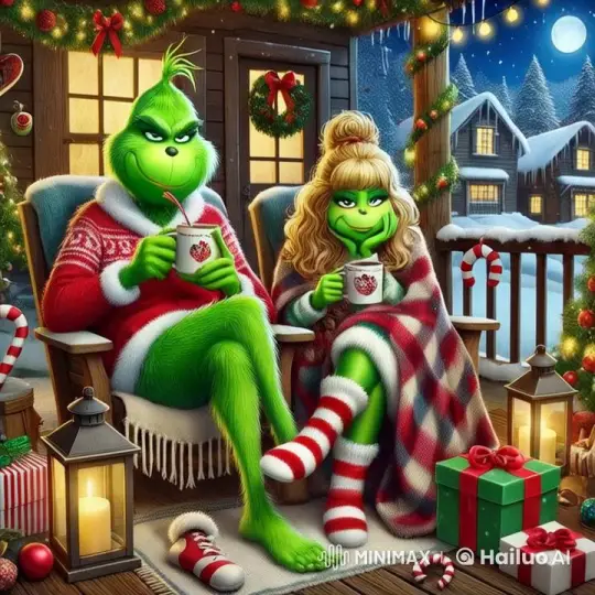 Grinch and Companion Enjoy Hot Cocoa on Festive Porch – AI Generated Video | Hailuo AI