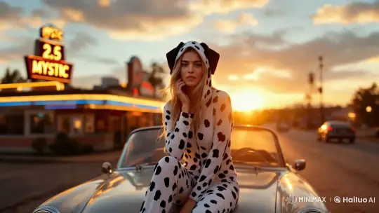 Dalmatian-Inspired Model Poses on Classic Car at Diner – AI Generated Video | Hailuo AI