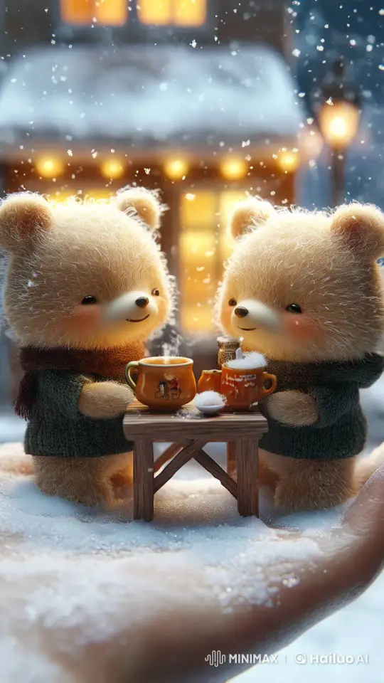 Cozy Winter Cocoa with Knitted Bears in Snow – AI Generated Video | Hailuo AI