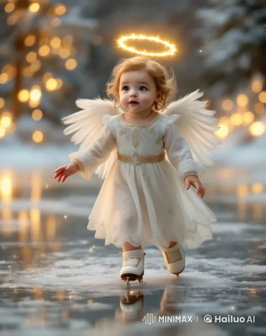 Magical Angel Baby Skates on Winter Lake at Dusk – AI Generated Video | Hailuo AI