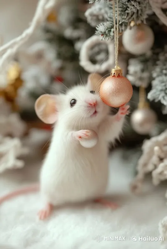 Cute Mouse Examines Christmas Bauble by Christmas Tree – AI Generated Video | Hailuo AI