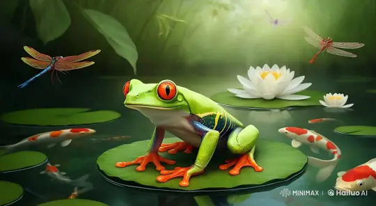 Santa-Hatted Frog in Serene 4K Pond Scene – AI Generated Video | Hailuo AI