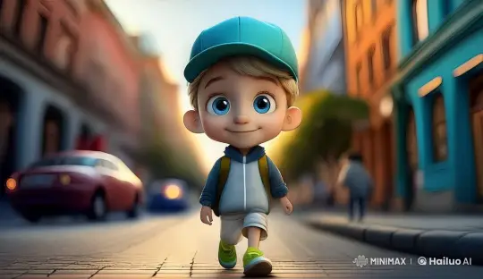 Boy in Motion: Cartoon Adventure on a Colorful Street – AI Generated Video | Hailuo AI