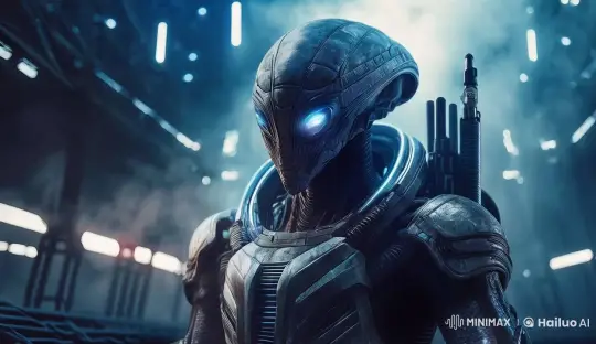 Mysterious Alien in Misty Environment Showcases Advanced Armor – AI Generated Video | Hailuo AI