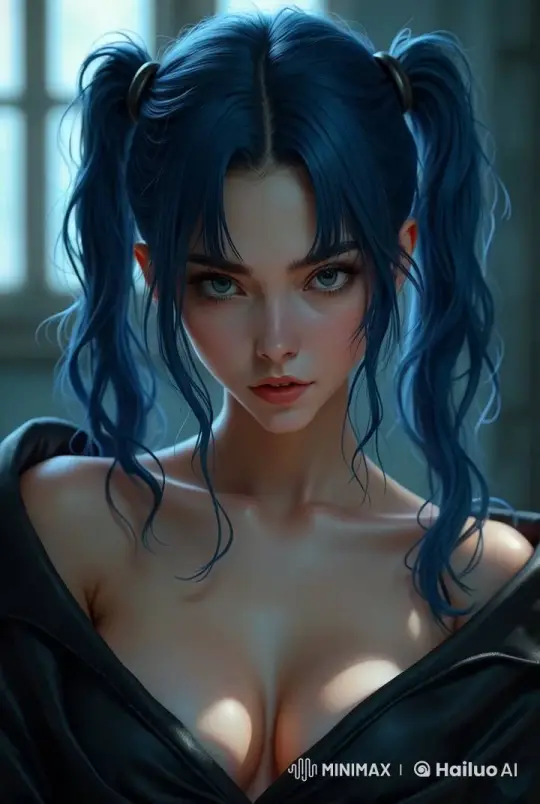 Girl with Blue Hair Smiles Shyly in Softly Lit Room – AI Generated Video | Hailuo AI