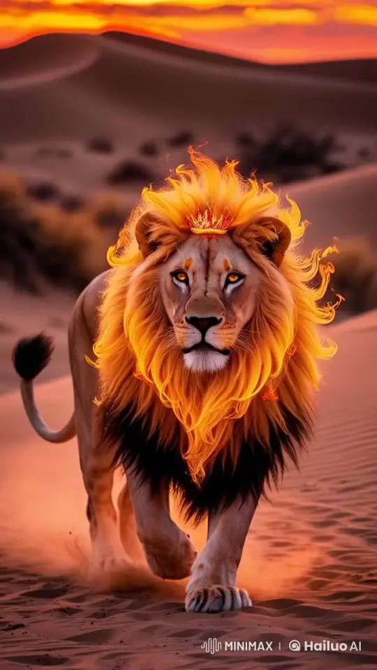 Regal Lion Walks Through Enchanted Desert at Sunset – AI Generated Video | Hailuo AI