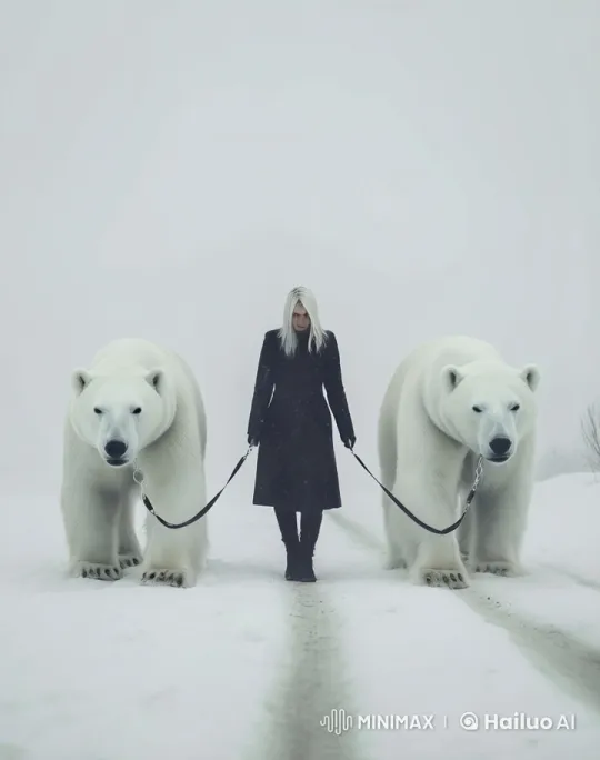 Person Walks Polar Bears on Snowy Path – AI Generated Video | Hailuo AI