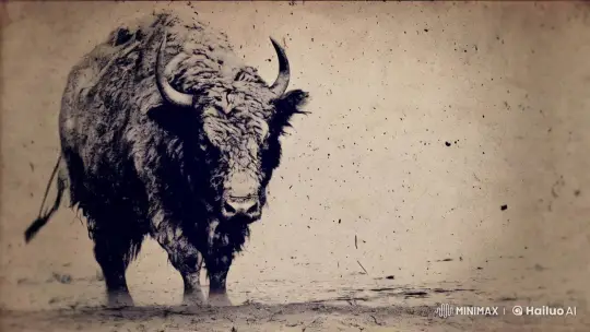 Vintage Bison Approaches in Dusty Sepia Landscape – AI Generated Video | Hailuo AI