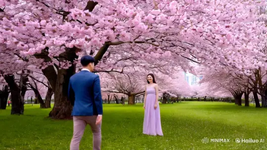 Couple Embraces Beneath Blooming Cherry Blossoms – AI Generated Video | Hailuo AI