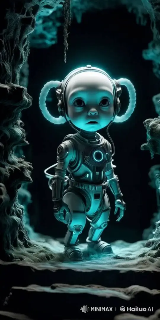 Futuristic Robot Approaches in Sci-Fi Cave Setting – AI Generated Video | Hailuo AI