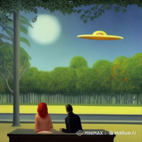 Couple on Bench Fleeing UFO in Park – AI Generated Video | Hailuo AI