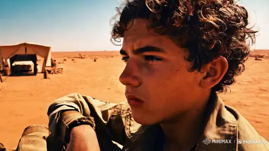 Youthful Protagonist Amidst Desert Outpost – AI Generated Video | Hailuo AI