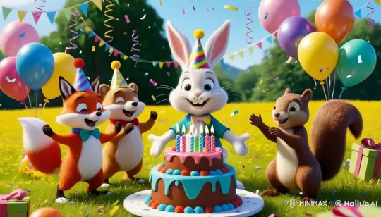 Cheerful Bunny Hosts Animated Meadow Birthday Party – AI Generated Video | Hailuo AI