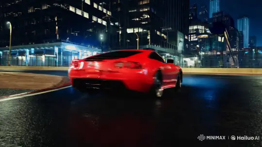 High-Stakes Street Race: Red Sports Car in Night City – AI Generated Video | Hailuo AI