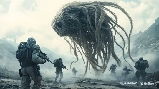 Armored Soldiers Advance on Floating Creature in Foggy Landscape – AI Generated Video | Hailuo AI