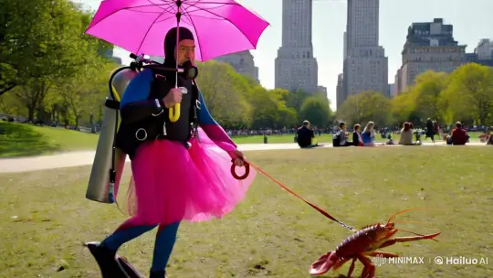 Scuba Diver Strolls Central Park with Lobster in Tutu – AI Generated Video | Hailuo AI