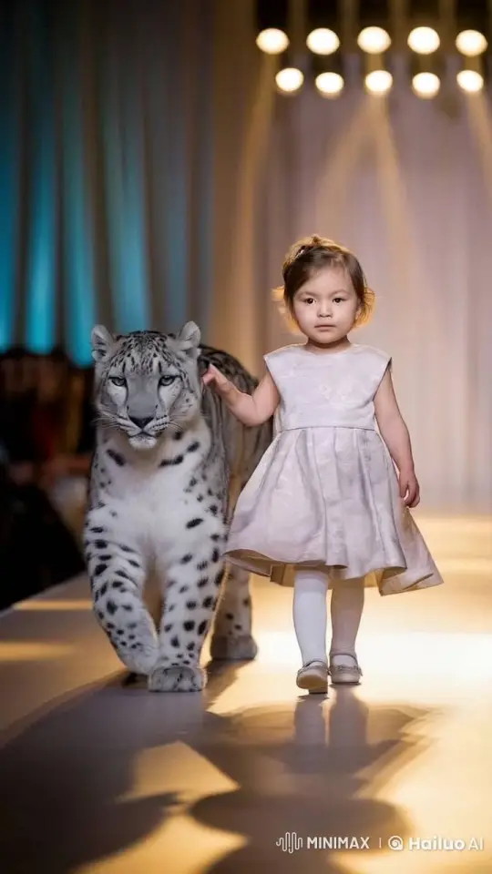 Girl and Leopard Walk in Harmony on Runway – AI Generated Video | Hailuo AI