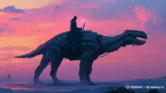 Mystical Journey on a Mechanized Dinosaur at Sunset – AI Generated Video | Hailuo AI