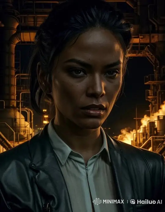 Dystopian Woman in Burning Refinery: Cinematic Masterpiece – AI Generated Video | Hailuo AI
