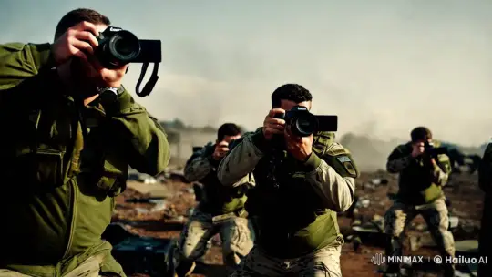 Soldiers in War Zone Engage with Cameras as Weapons – AI Generated Video | Hailuo AI