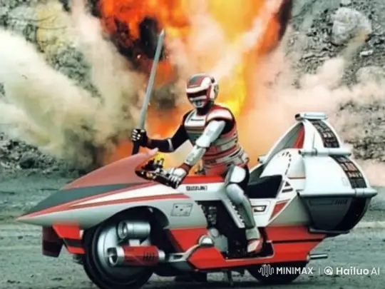 Futuristic Rider on High-Tech Motorcycle Amidst Explosion – AI Generated Video | Hailuo AI