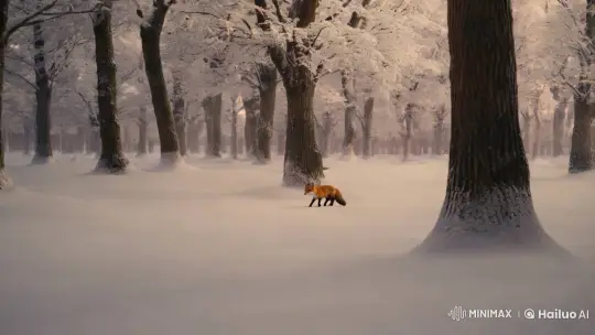 Aesthetic Serenity: Fox Meanders Through Snowy Forest – AI Generated Video | Hailuo AI