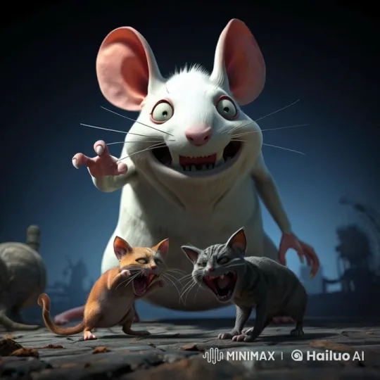 Animated White Mouse Teases Cartoon Kittens in Dark Alley – AI Generated Video | Hailuo AI
