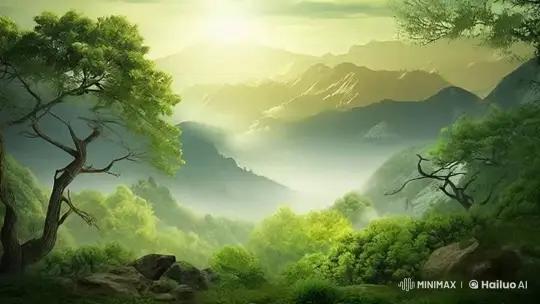 Tranquil Sunrise Over a Lush Forest Landscape – AI Generated Video | Hailuo AI