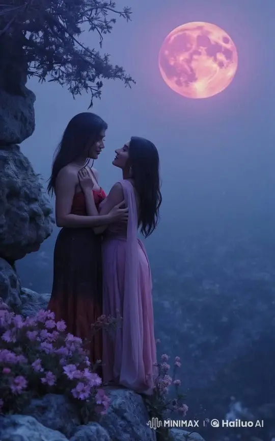 Romantic Kiss Between Two Women on a Misty Moonlit Night – AI Generated Video | Hailuo AI