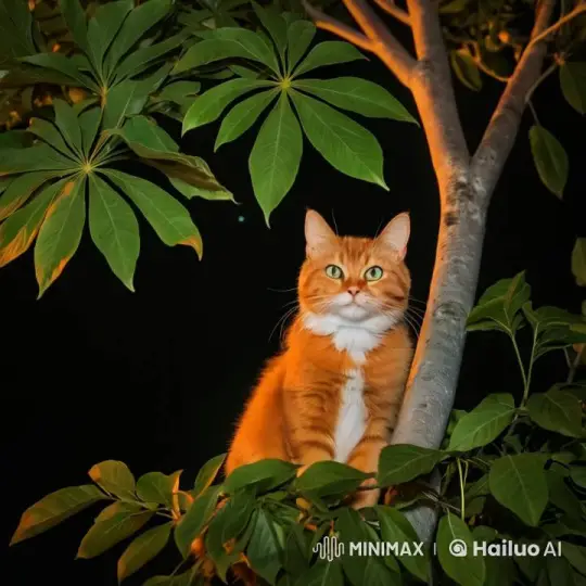 Mystical Night Greeting from a Curious Tree Cat – AI Generated Video | Hailuo AI