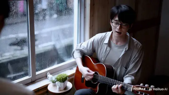 Intimate Melody: Handsome Man Sings in Minimalist Cafe – AI Generated Video | Hailuo AI