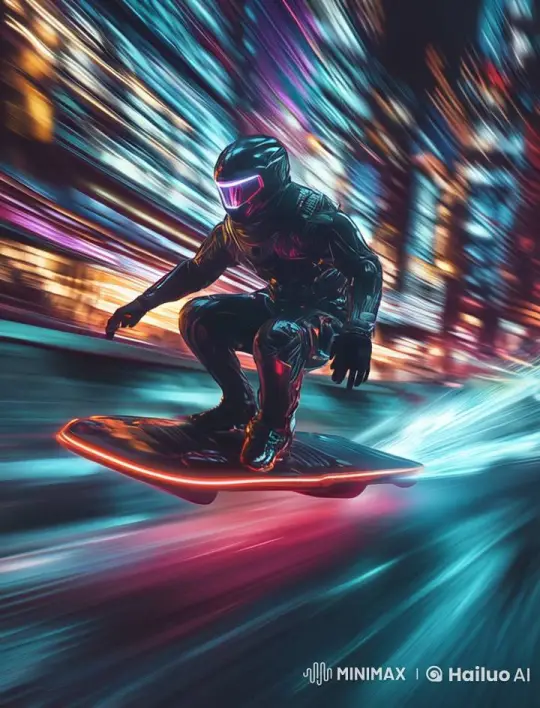 Futuristic Hoverboard Rider in Neon Cityscape – AI Generated Video | Hailuo AI