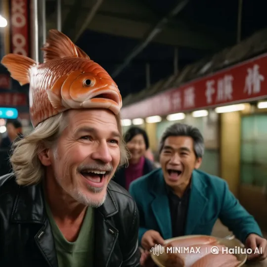 Man Dancing with Fish Enlivens Bustling Market – AI Generated Video | Hailuo AI