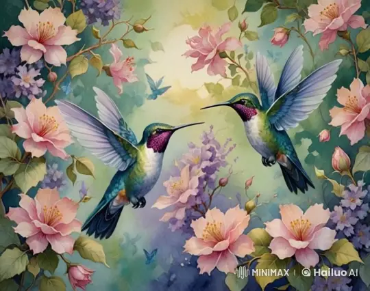 Romantic Hummingbird Dance in Blooming Garden – AI Generated Video | Hailuo AI