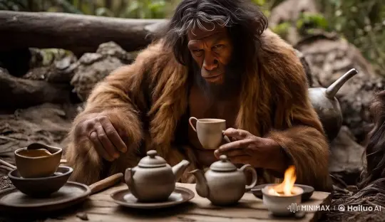 Neanderthal Man Contemplates Tea in Forest Setting – AI Generated Video | Hailuo AI