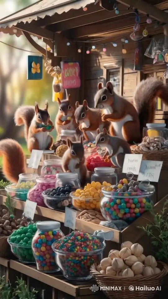 Squirrels Enjoy Treats at Woodland Market Stall – AI Generated Video | Hailuo AI