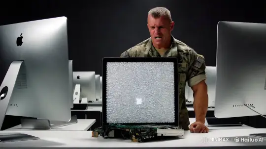 Soldier Destroys iMac in Anger in Minimalist Lab – AI Generated Video | Hailuo AI