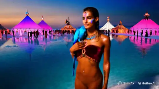 Cultural Festivity in a Twilight Desert with Striking Characters – AI Generated Video | Hailuo AI