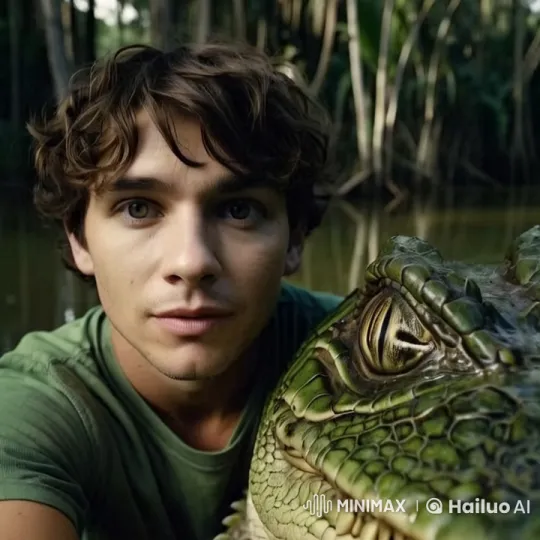 Man Comforts Sad Crocodile in Swampy Forest – AI Generated Video | Hailuo AI