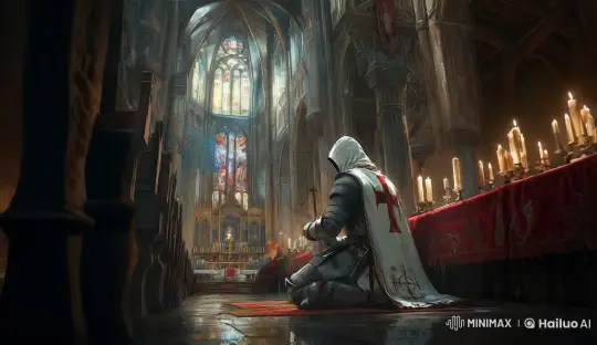 Knight in Contemplation at Gothic Cathedral Altar – AI Generated Video | Hailuo AI