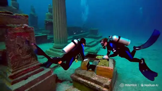 Divers Discover Sunken City's Gold Amidst Ancient Ruins – AI Generated Video | Hailuo AI