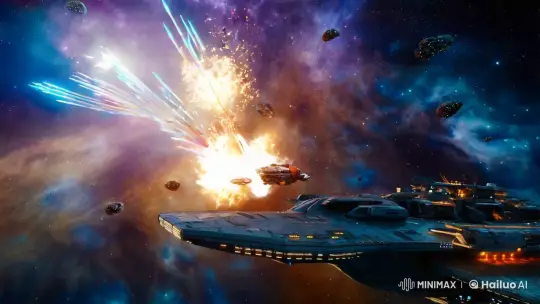 Futuristic Spaceship Attacks Small Warship in Nebula Setting – AI Generated Video | Hailuo AI