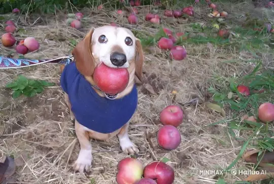 Dog Plays with 'Apple King' in Lighthearted Orchard Scene – AI Generated Video | Hailuo AI