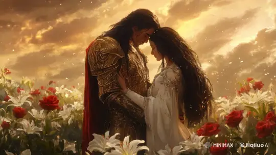 Knight and Lady Embrace in Romantic Golden Landscape – AI Generated Video | Hailuo AI
