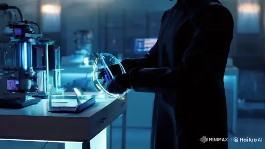 Futuristic Scientist Interacts with Ethereal Tech in Minimalist Lab – AI Generated Video | Hailuo AI