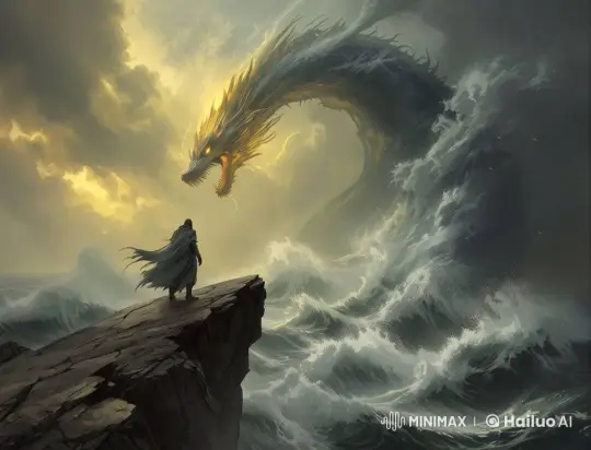 Dramatic Confrontation: Man vs. Dragon Storm on Cliff Edge – AI Generated Video | Hailuo AI