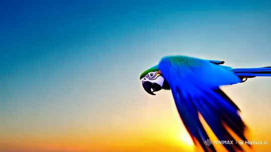 Blue Macaw Soars in Realistic Sunset Flight – AI Generated Video | Hailuo AI